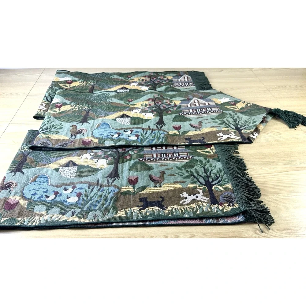 Green Tapestry Table Runner Fringed Tasseled Farm Life Animals Country 3 Pc